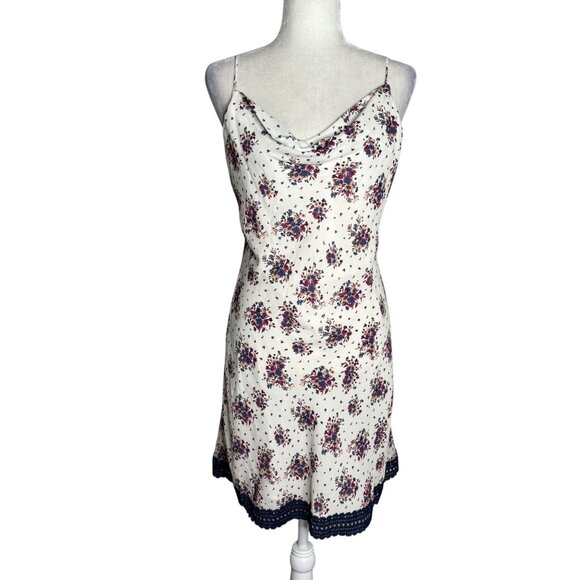 Skies Are Blue Floral Slip Dress Medium White Navy Lace Hem Adjustable Straps - Picture 1 of 7